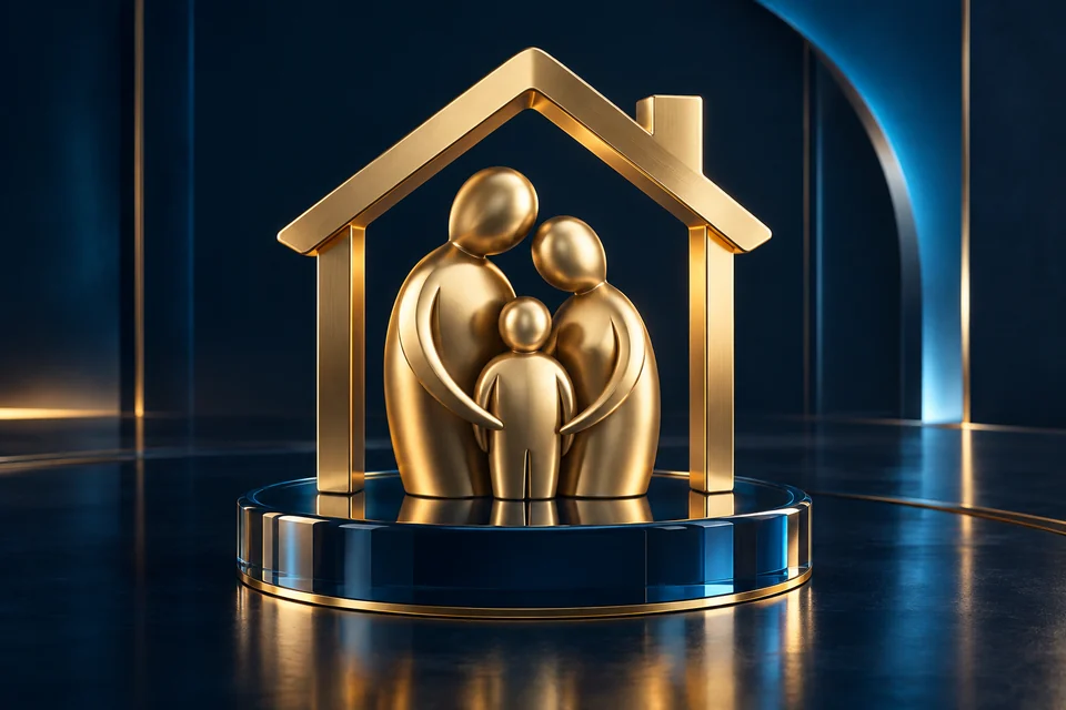 Ilustração 3D: casa dourada com três figuras de família