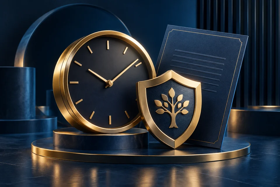 Ilustração 3D: relógio e escudo dourado